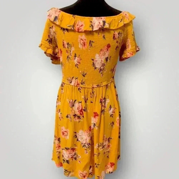Xhilaration Yellow Floral Print Ruffled Smocked Bodice Off-Shoulder Mini Dress - Picture 8 of 14